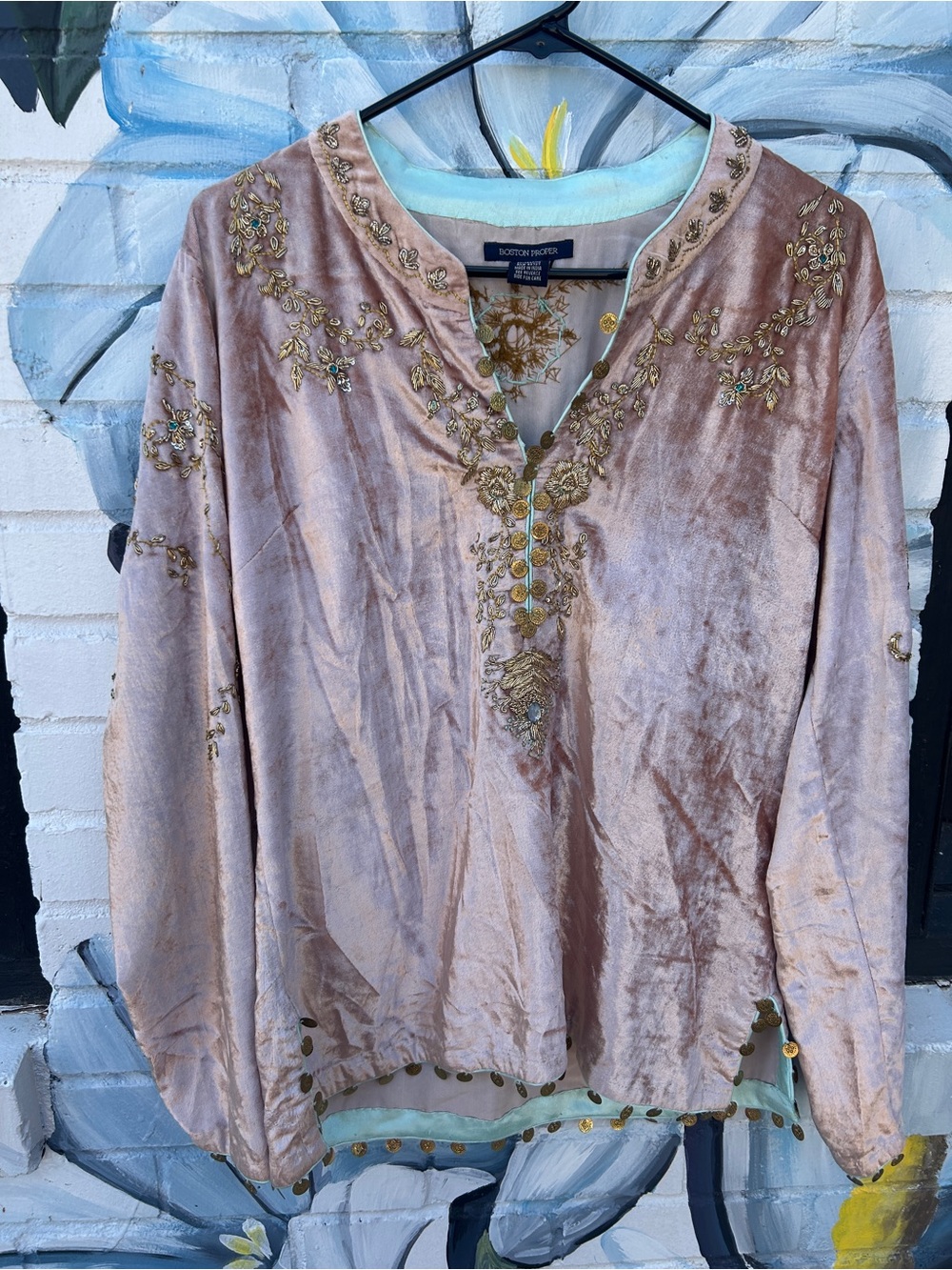 Boston Proper Blush Velvet Tunic with Gold Embellishment